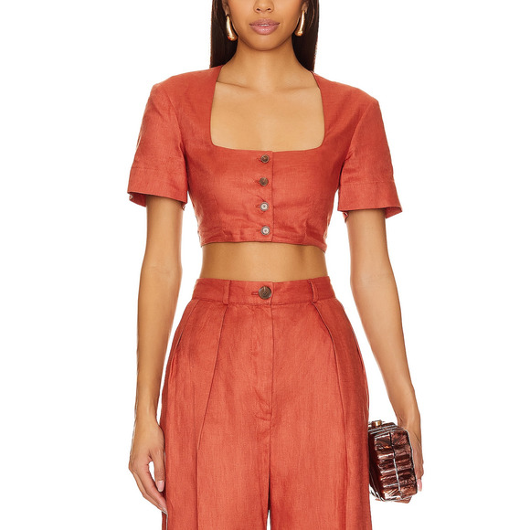 Matthew Bruch 'Apron' Brown Linen Crop Top Size 2 - Picture 1 of 5